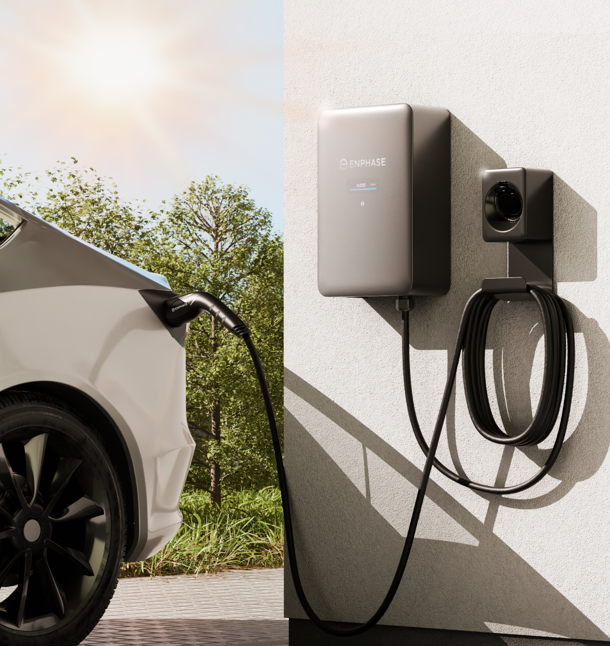 IQ EV charger connected to EV with sun in background
