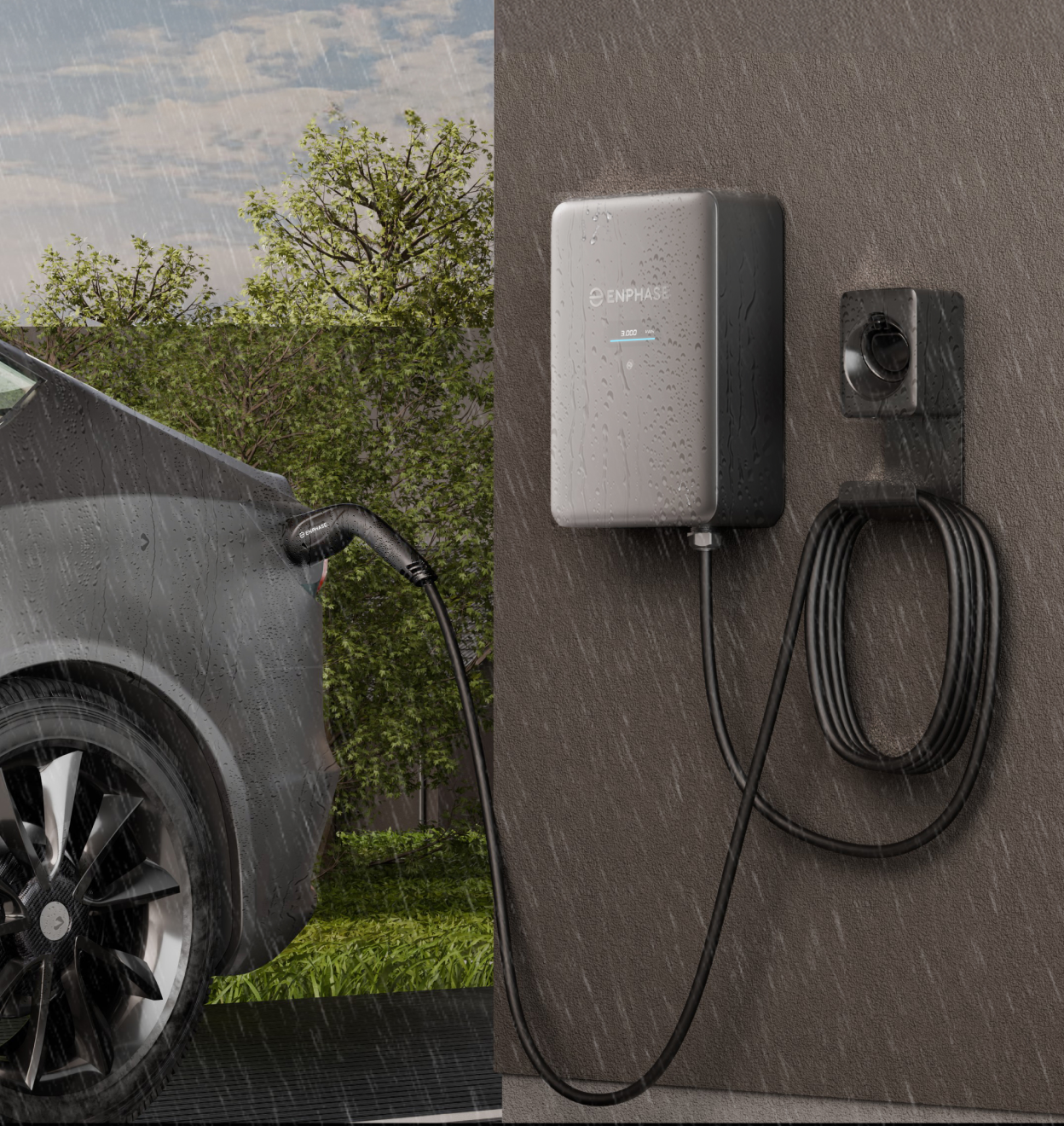 IQ EV charger connector to EV with rain