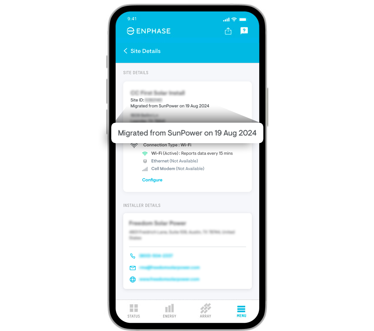 Enphase App screen showing SunPower upgrade