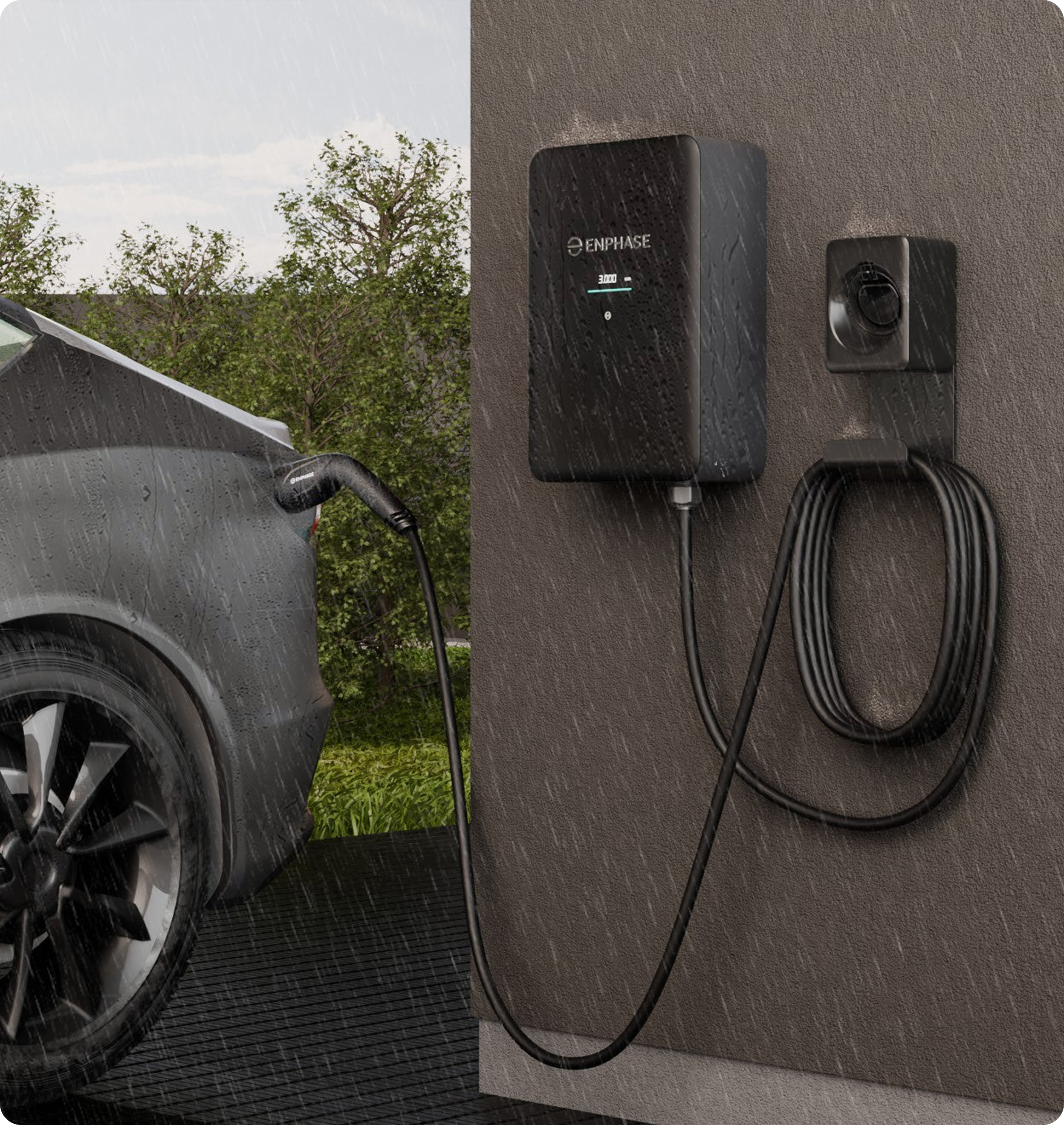 EV charger plugged to car in rainfall