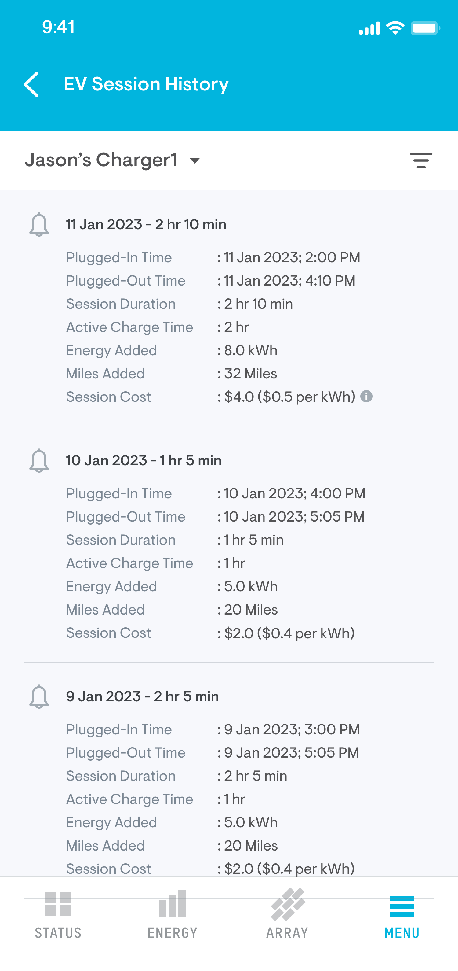 Enphase app EV Session history