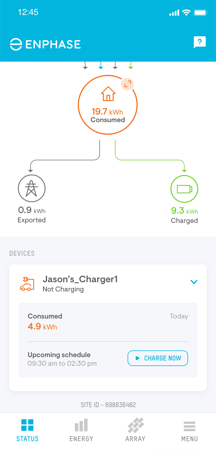 Enphase App main screen EV charger section