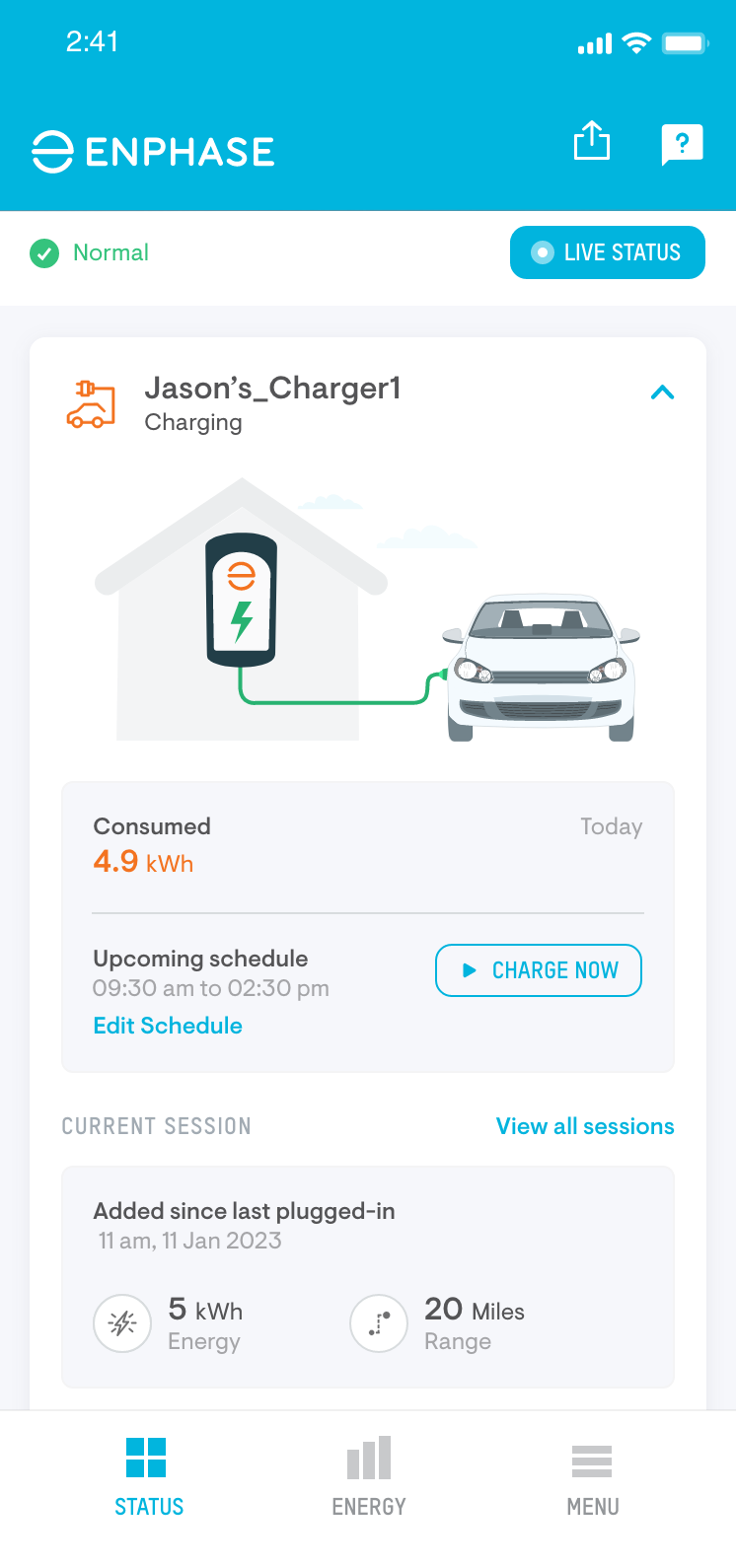 Enphase App main screen EV charger section
