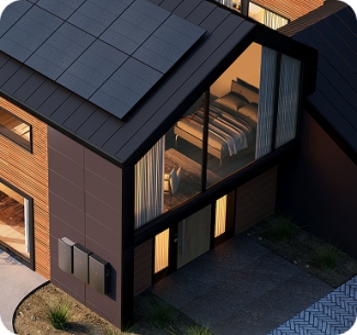 Modern two-story house with rooftop solar panels, large glass windows showing a bedroom inside, and wall-mounted energy storage units near the entrance.