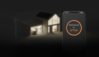 Smartphone app interface showing AI optimization mode active in front of a modern home at night