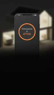 Smartphone app interface showing AI optimization mode active in front of a modern home at night