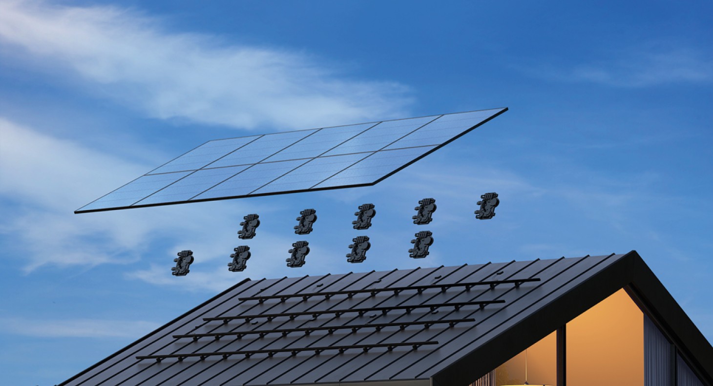 roof with microinverters and solar panels hover above