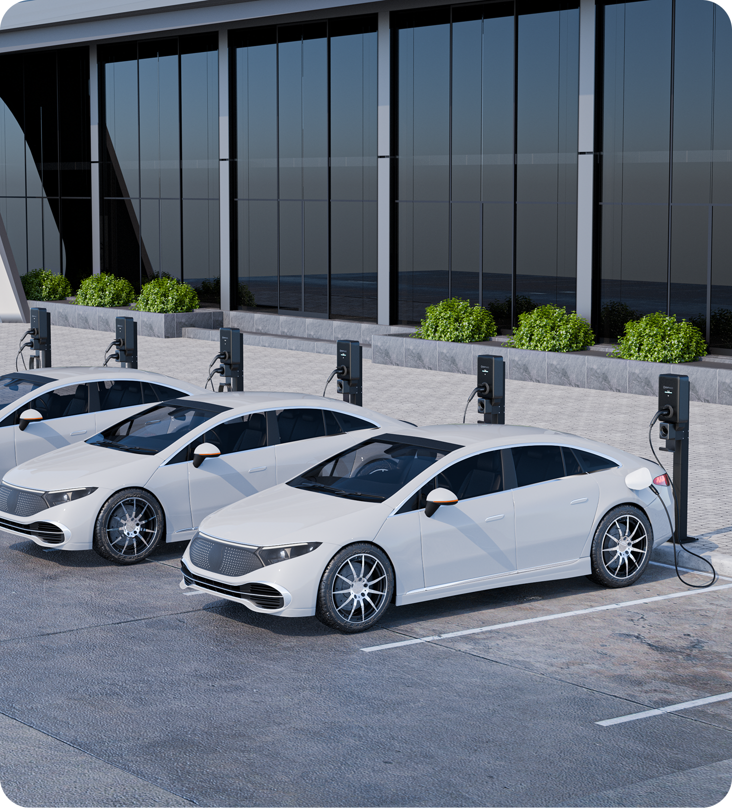 Cars in a row charging at EV stations